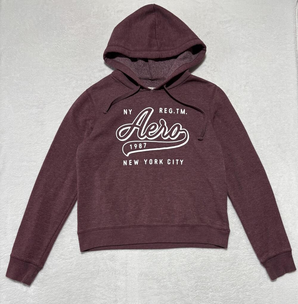Aeropostale Hoodie Womens Medium Burgundy Pullover Fleece Graphic 1987 New York
